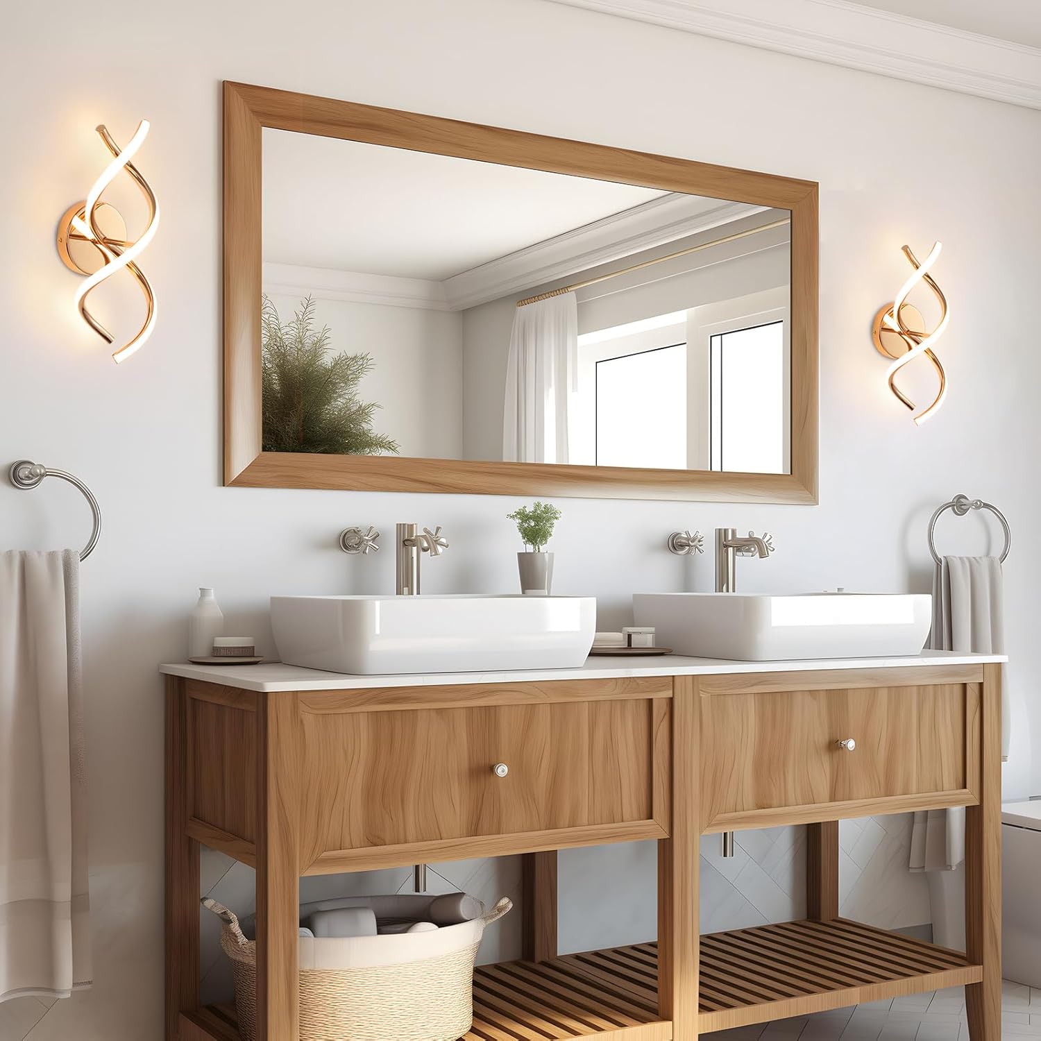 Bathroom vanity with wooden cabinet, two sinks, and a large mirror.