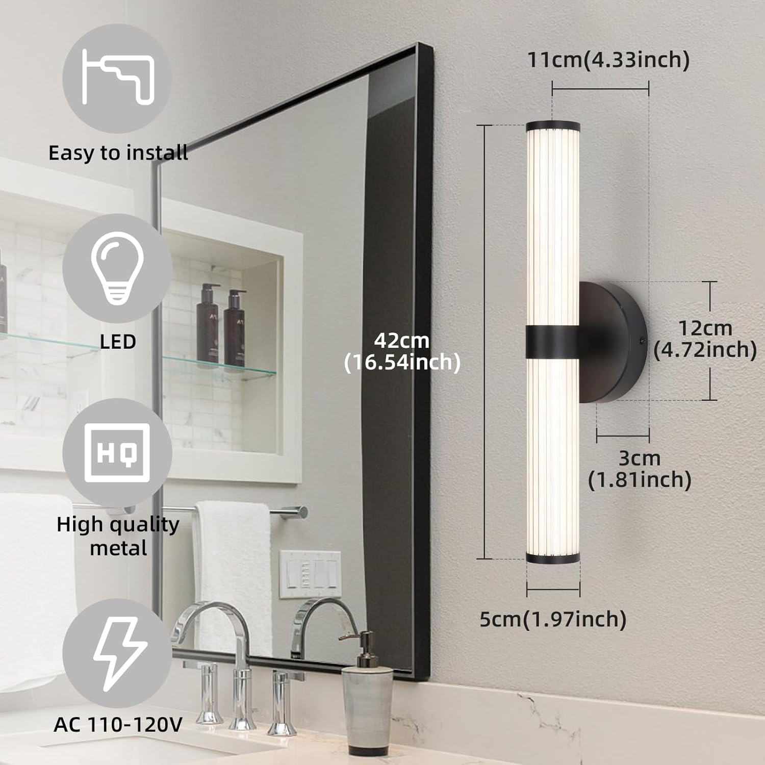 Bathroom wall light fixture with dimensions and features on a bathroom wall.