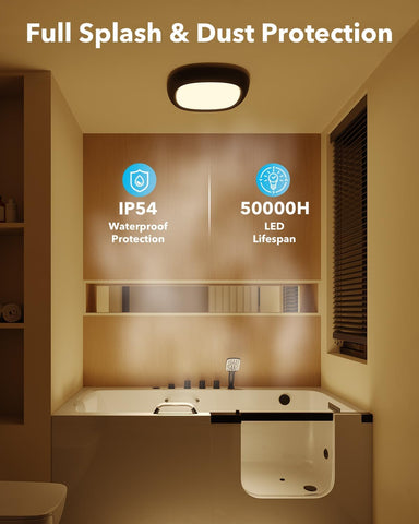Bathroom with a light fixture, showcasing IP54 waterproof protection and 50000H LED lifespan features.