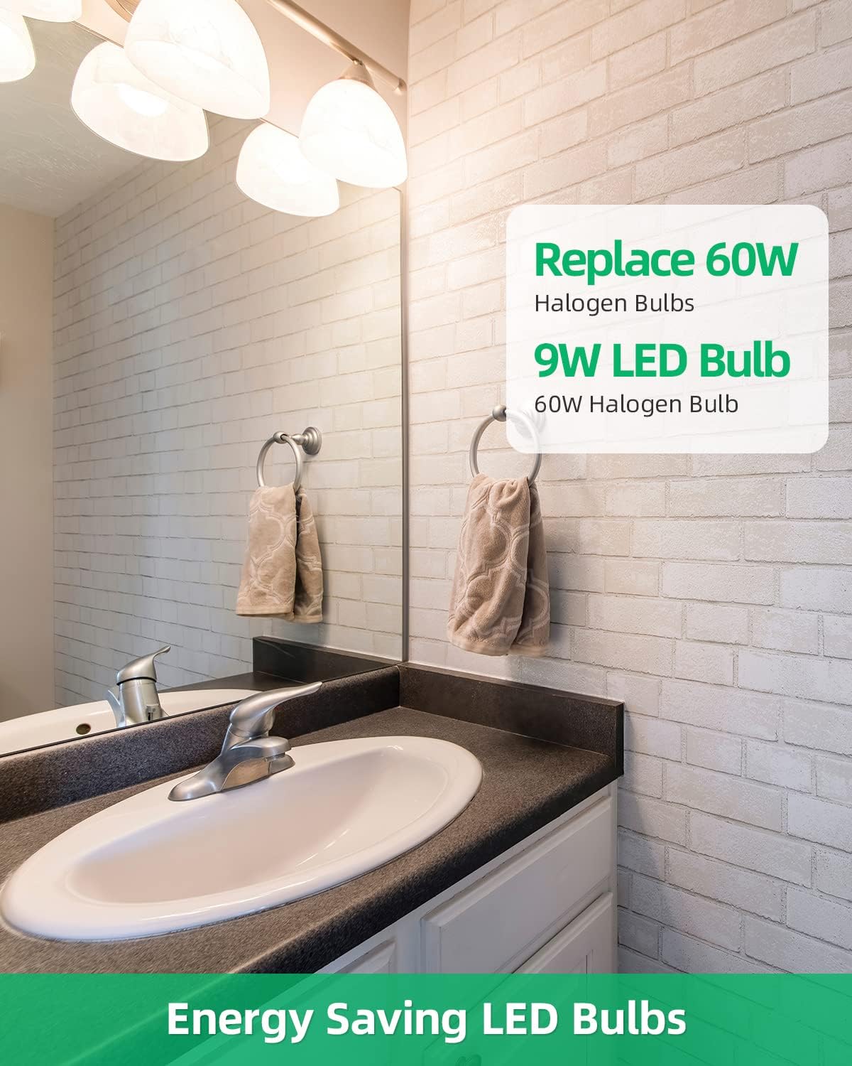 Bathroom with a mirror and sink, featuring an advertisement for energy-saving LED bulbs.