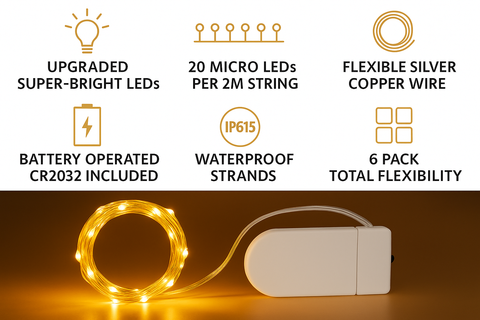 Battery-operated string lights with features listed on a white background