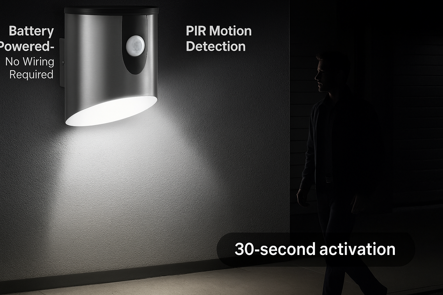Battery-powered outdoor light with PIR motion detection feature on a dark wall.