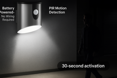 Battery-powered outdoor light with PIR motion detection feature on a dark wall.