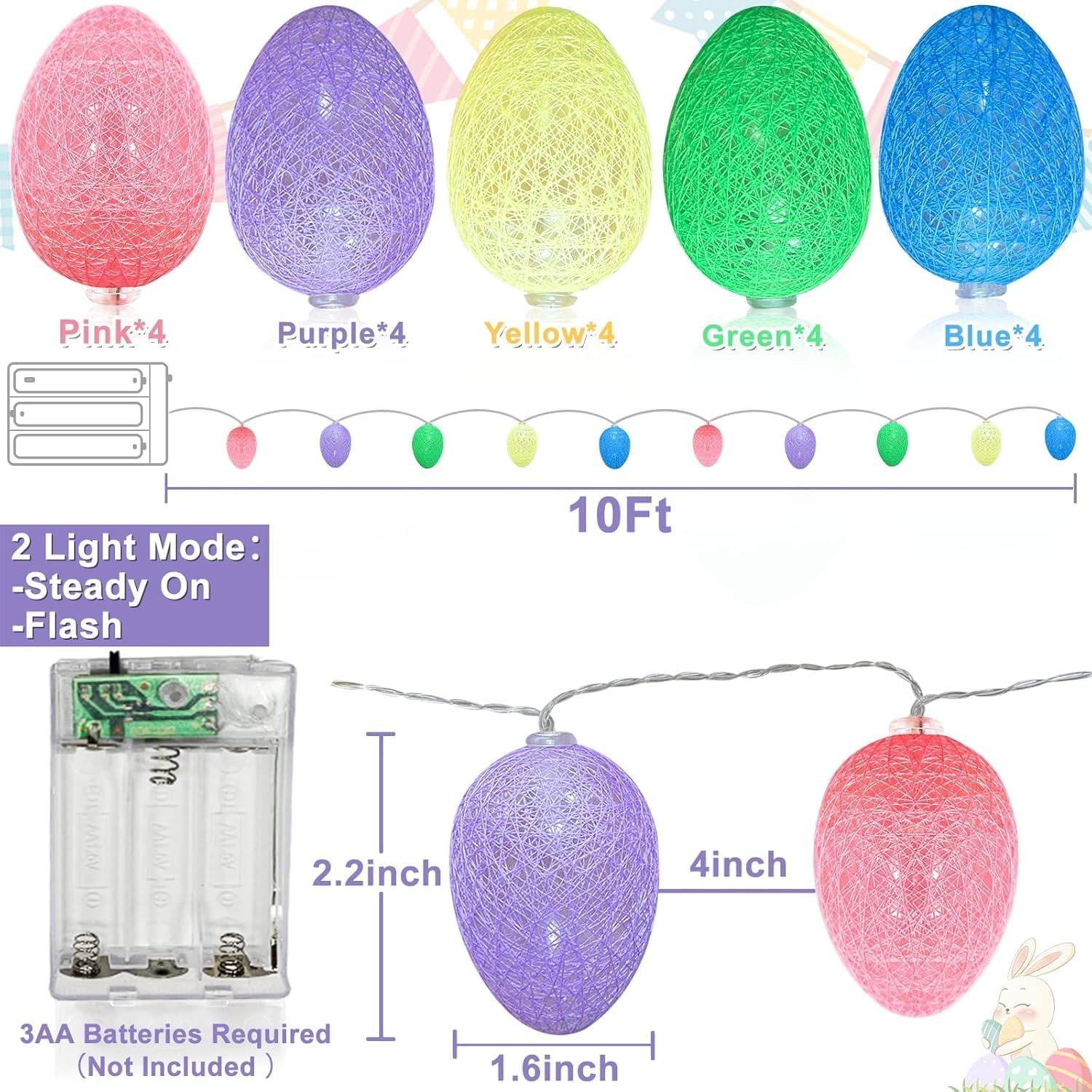 Battery operated Easter egg LED string lights, 2m length