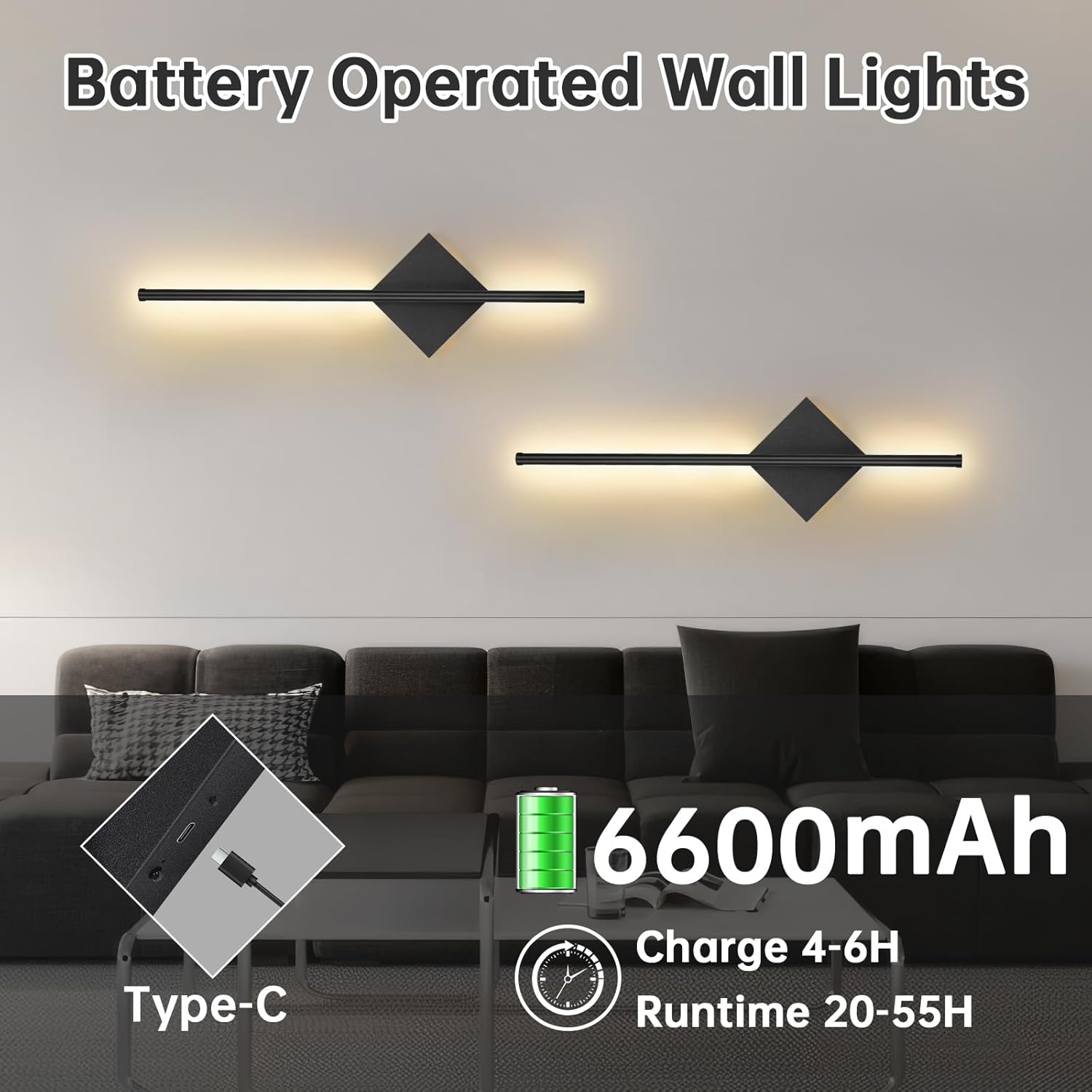 Battery operated wall lights with charging details in a living room setting