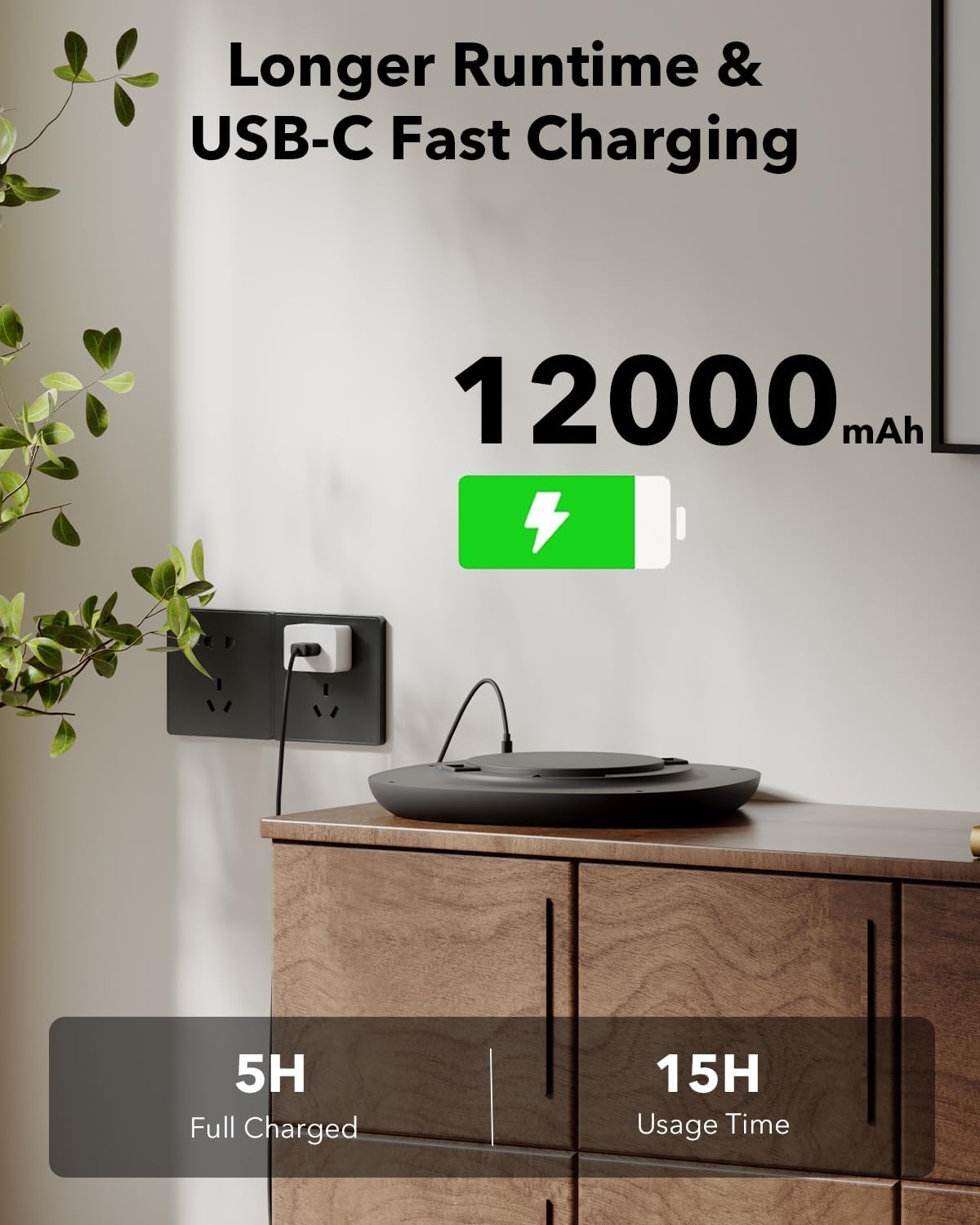 Battery pack with USB-C fast charging feature on a wooden surface with a plant in the background.