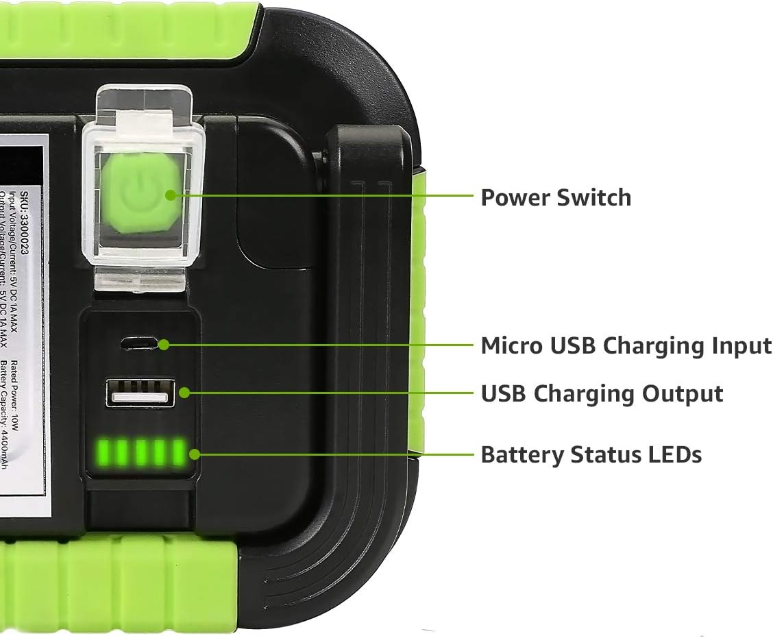 Battery pack with labeled power switch, micro USB charging input, USB charging output, and battery status LEDs.
