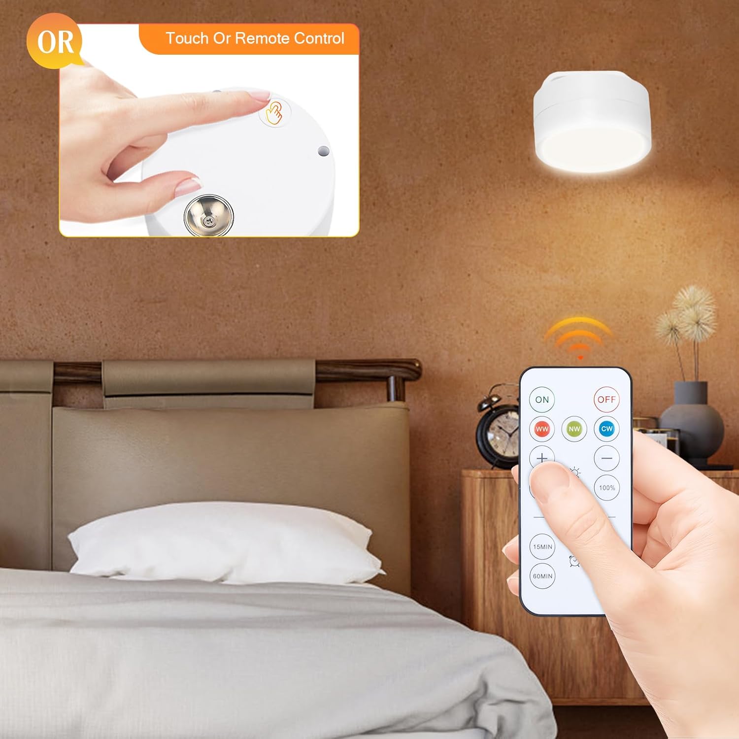 Bedroom scene with a hand using a remote control to adjust a ceiling light.