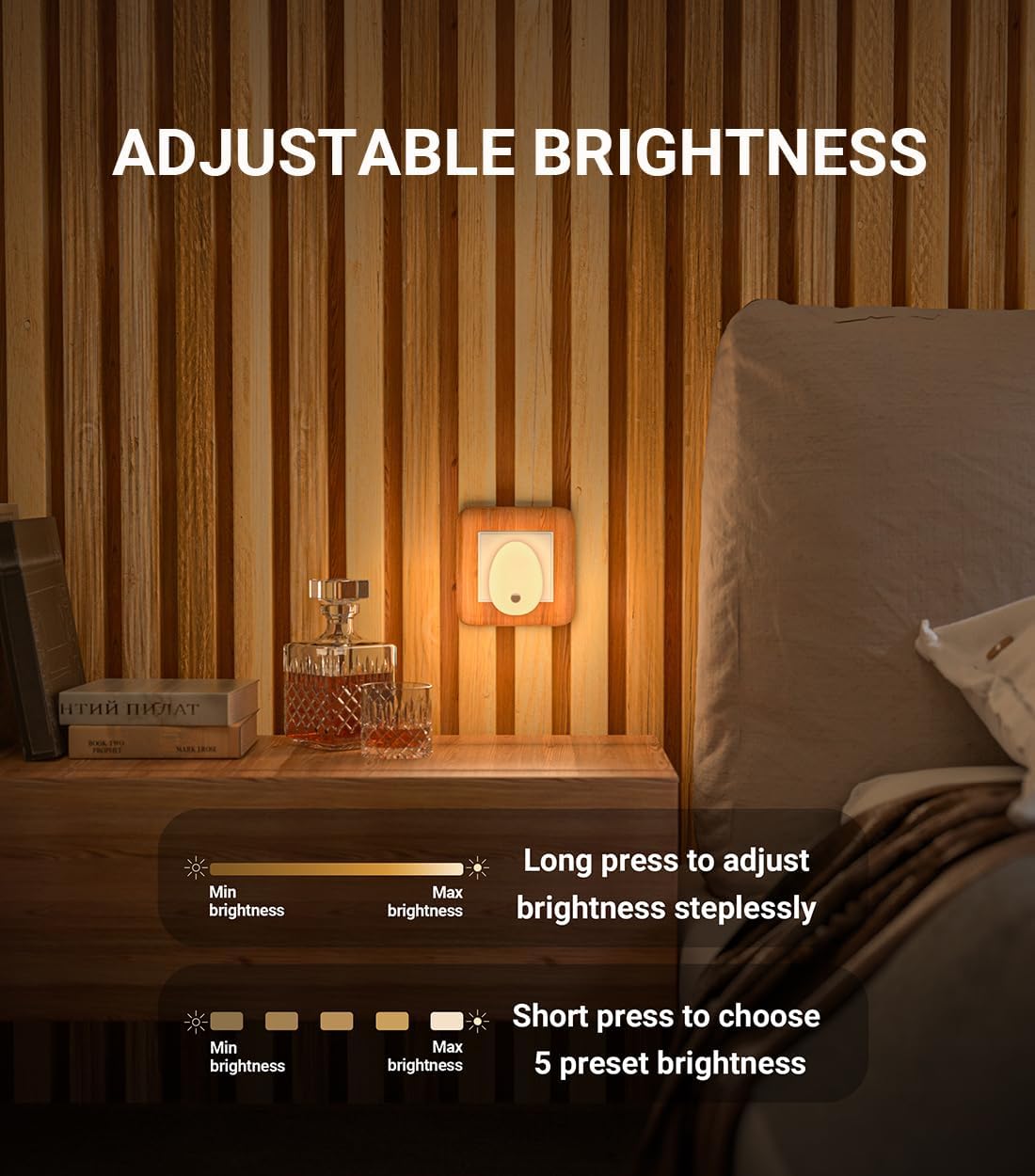 Bedroom scene with adjustable brightness control overlay