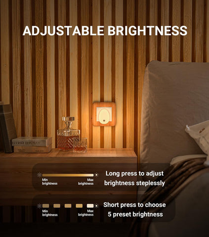 Bedroom scene with adjustable brightness control overlay