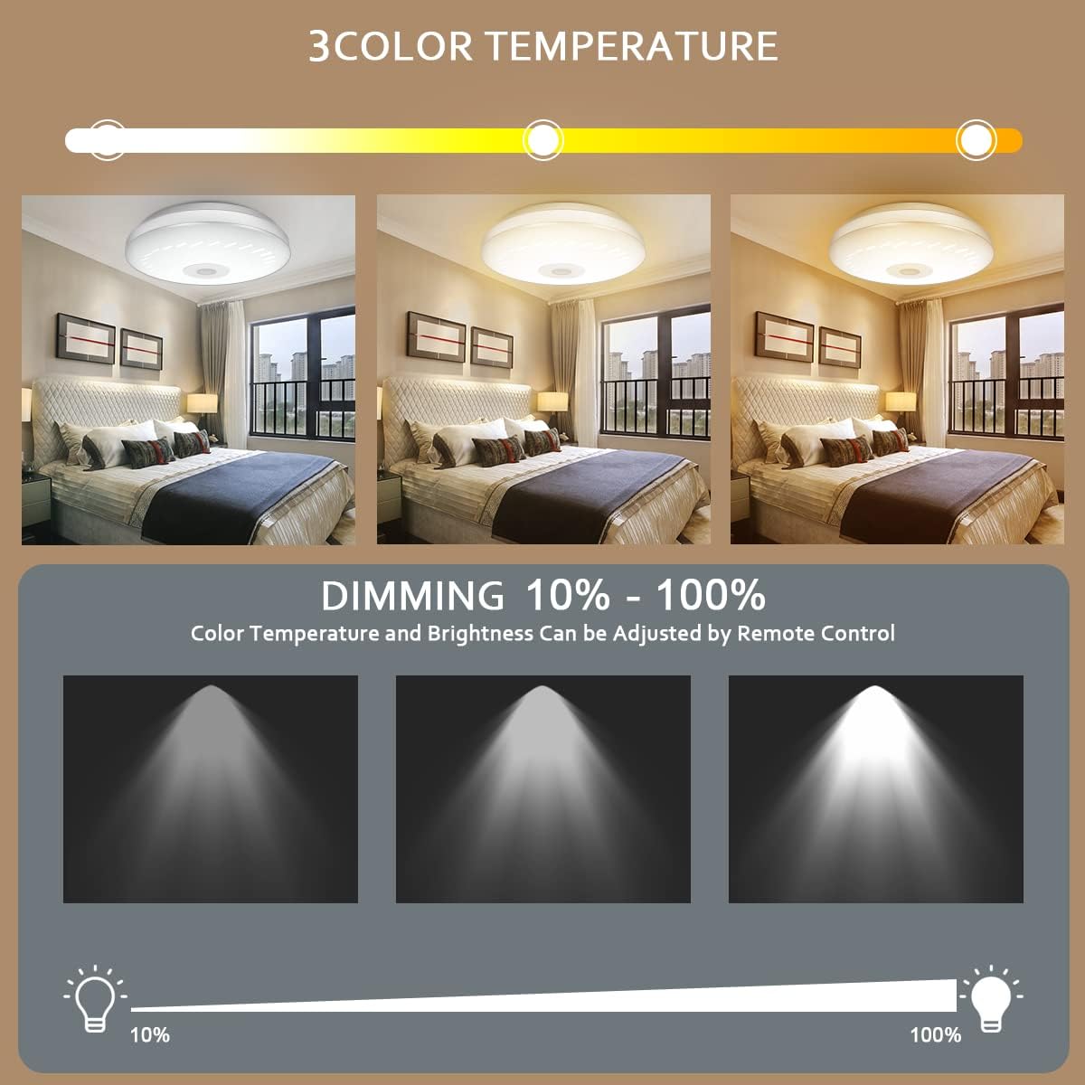 Bedroom scene with adjustable light control features on a brown background
