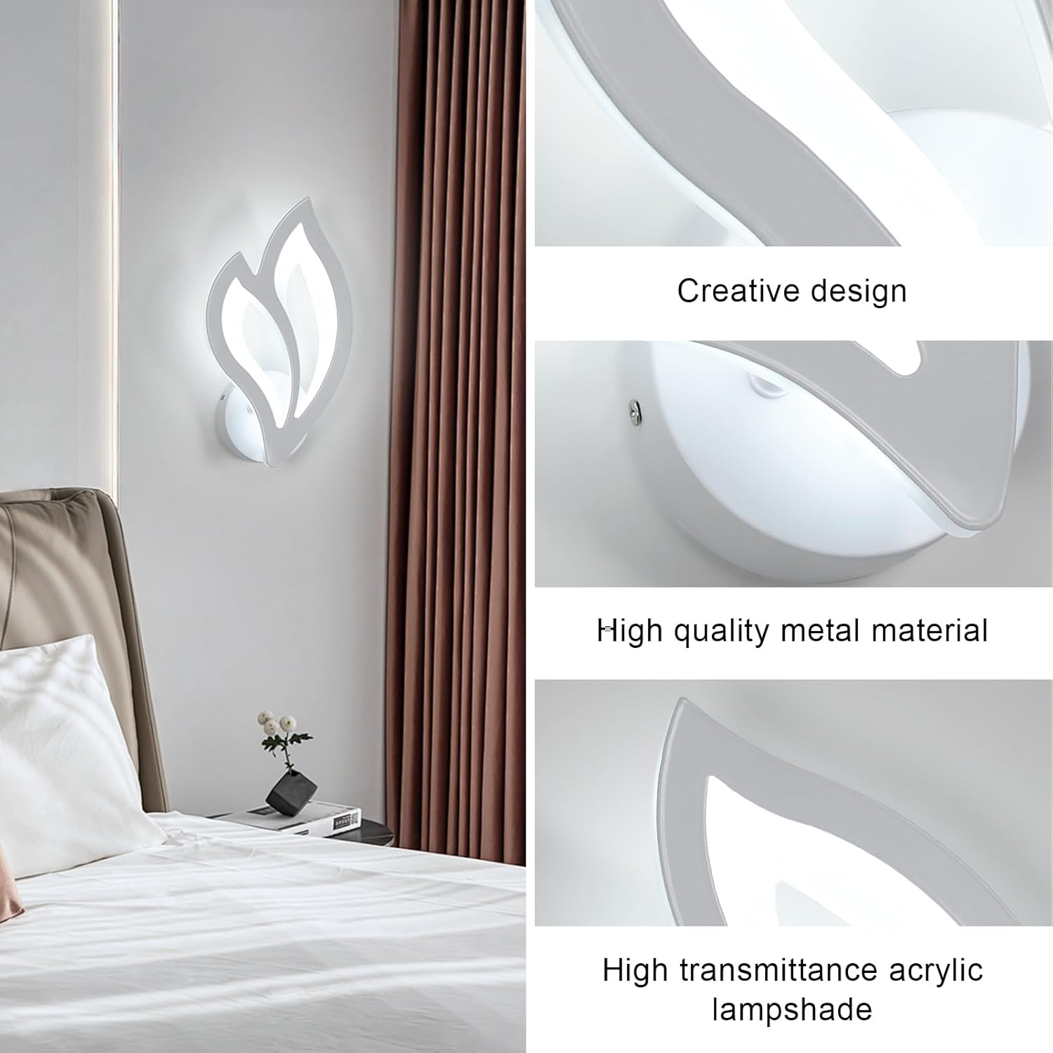 Bedroom scene with wall-mounted light fixture, text highlighting design and material quality.