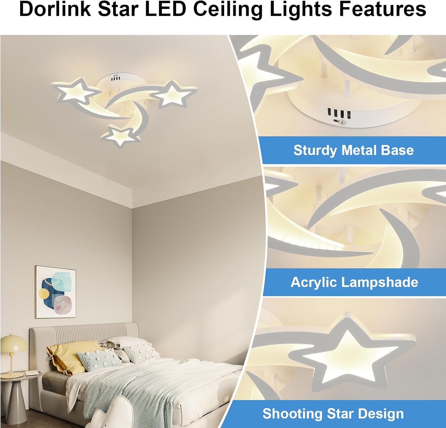 Bedroom with Dorlink Star LED ceiling lights featuring a sturdy metal base and acrylic lampshade.