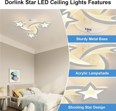 Bedroom with Dorlink Star LED ceiling lights featuring a sturdy metal base and acrylic lampshade.