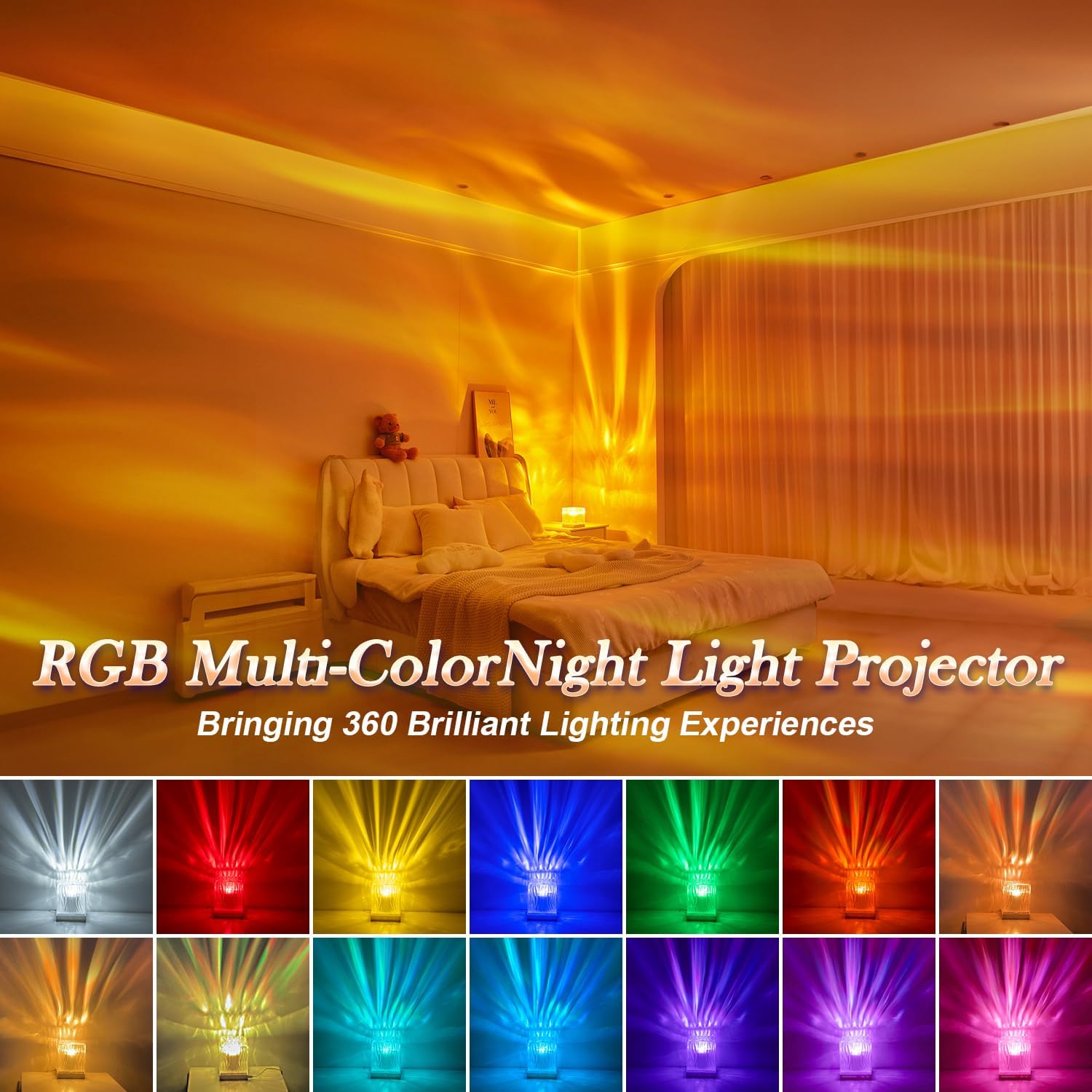Bedroom with RGB multi-color light projector casting colorful lights, with product name and features displayed.