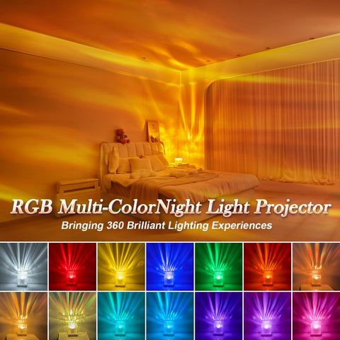 Bedroom with RGB multi-color light projector casting colorful lights, with product name and features displayed.