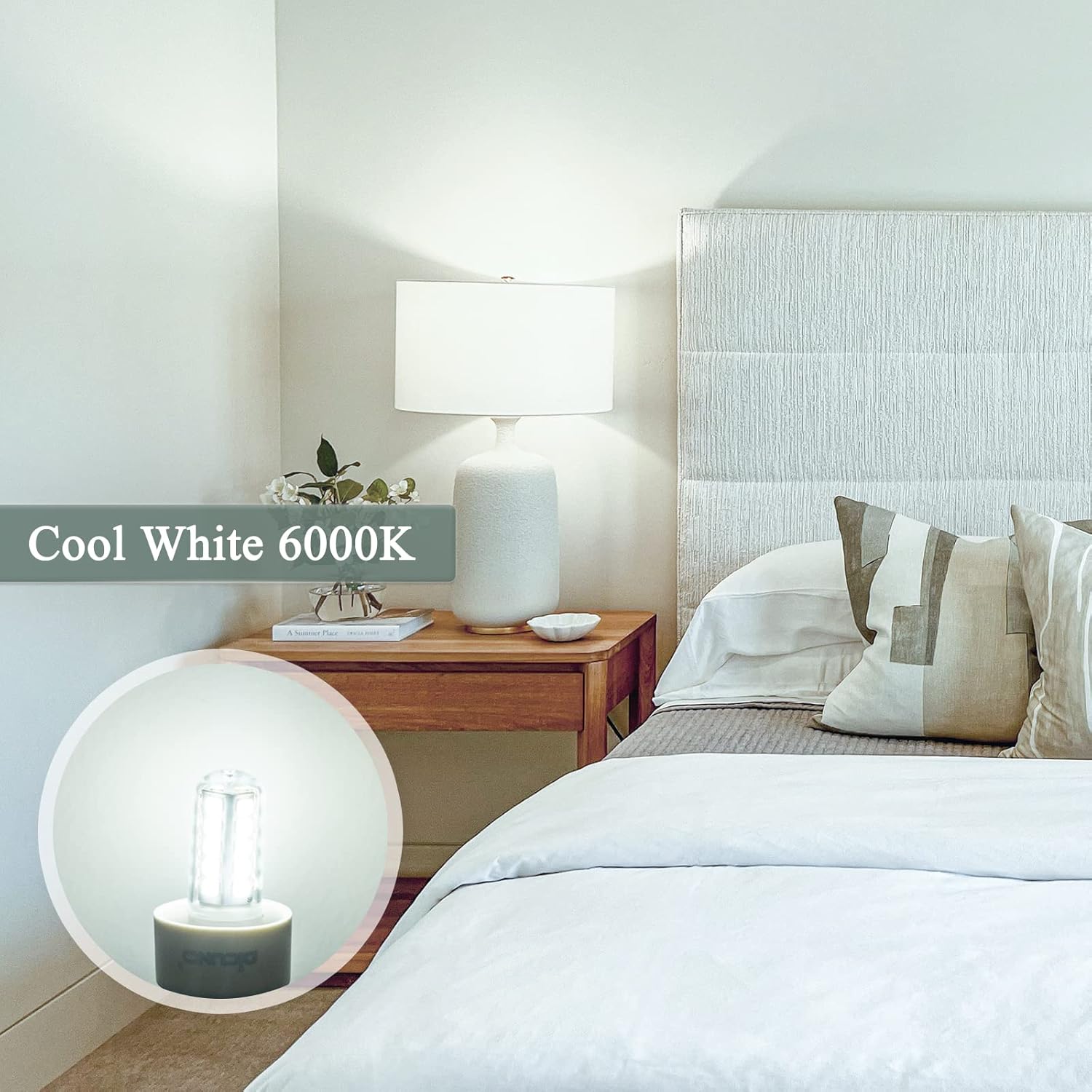 Bedroom with a lamp and 'Cool White 6000K' label