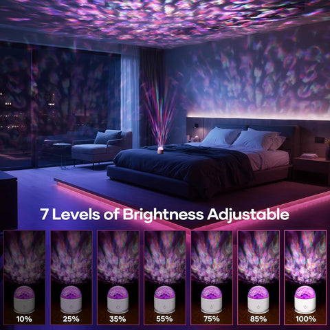 Bedroom with colorful ceiling light projection and adjustable brightness levels displayed.