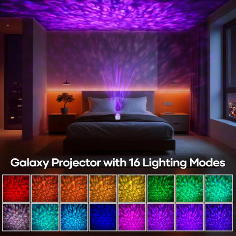 Bedroom with galaxy projector casting colorful lights, surrounded by 16 lighting mode examples.
