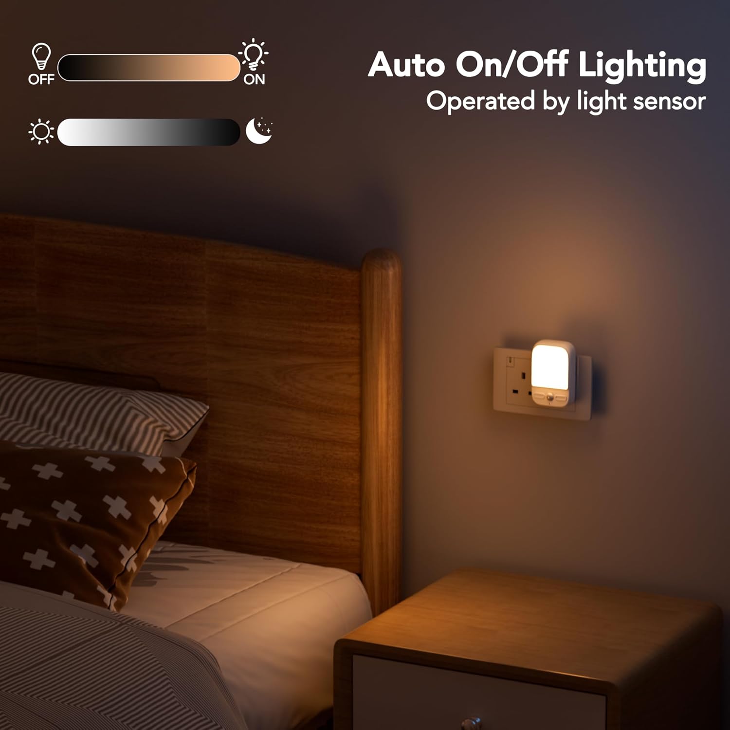 Bedroom with night light on wall, auto on/off lighting feature displayed.