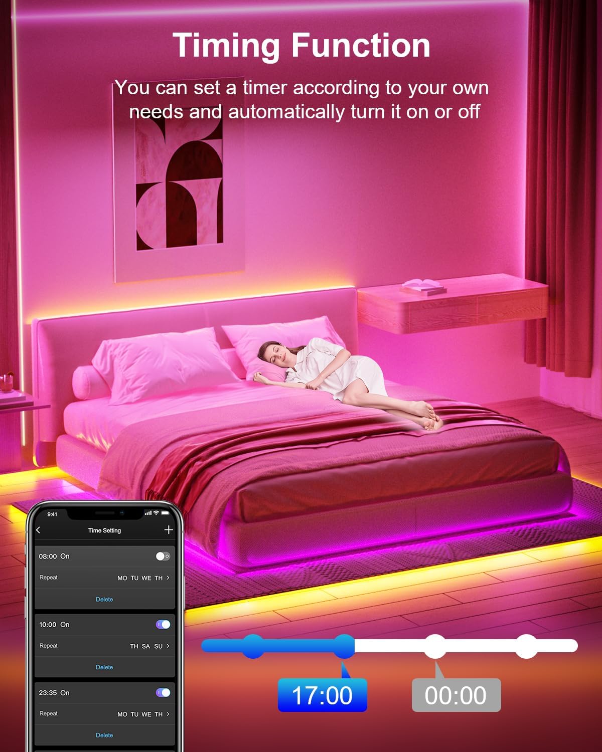 Bedroom with pink LED strip lighting and a smartphone displaying timer settings.