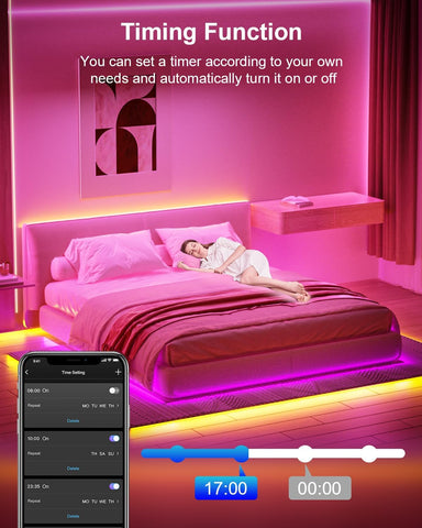 Bedroom with pink LED strip lighting and a smartphone displaying timer settings.