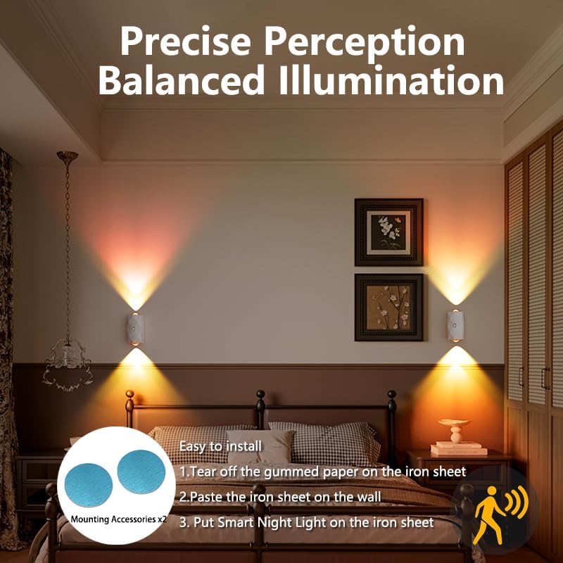 Bedroom with wall lights casting balanced illumination, featuring text on precise perception and balanced illumination.