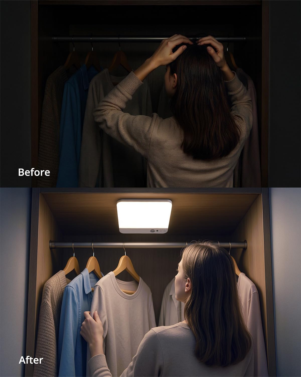 Before and after comparison of a person in a closet with and without a light fixture.