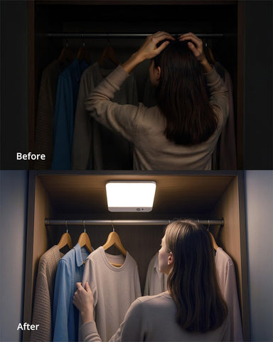 Before and after comparison of a person in a closet with and without a light fixture.