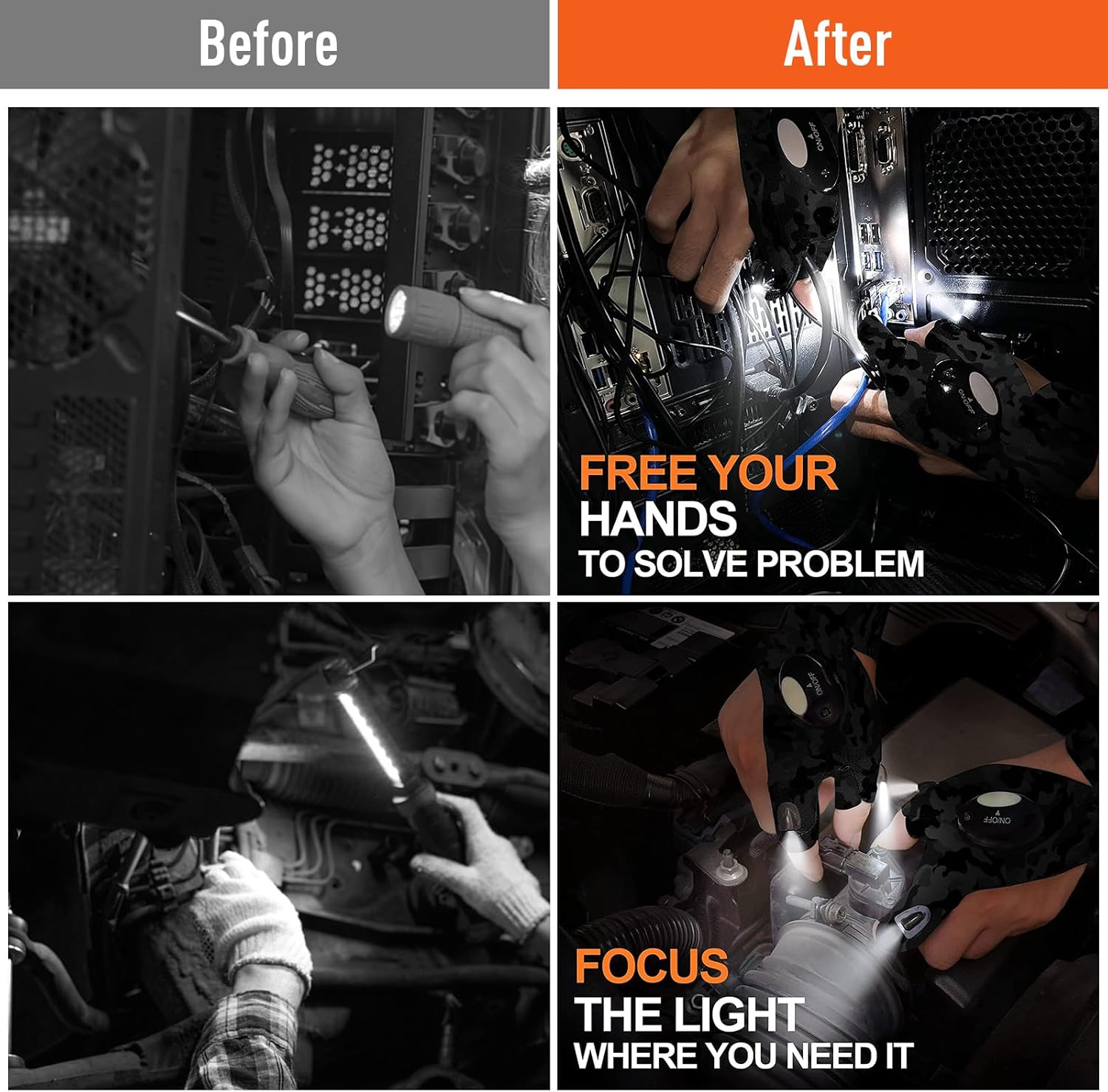 Before and after comparison of a person working on a computer with a light source.