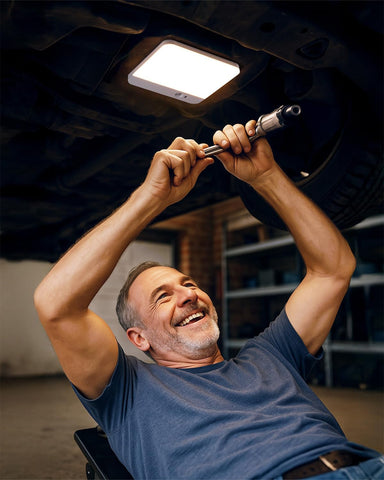 Before and after comparison of a person in a closet with and without a light fixture.