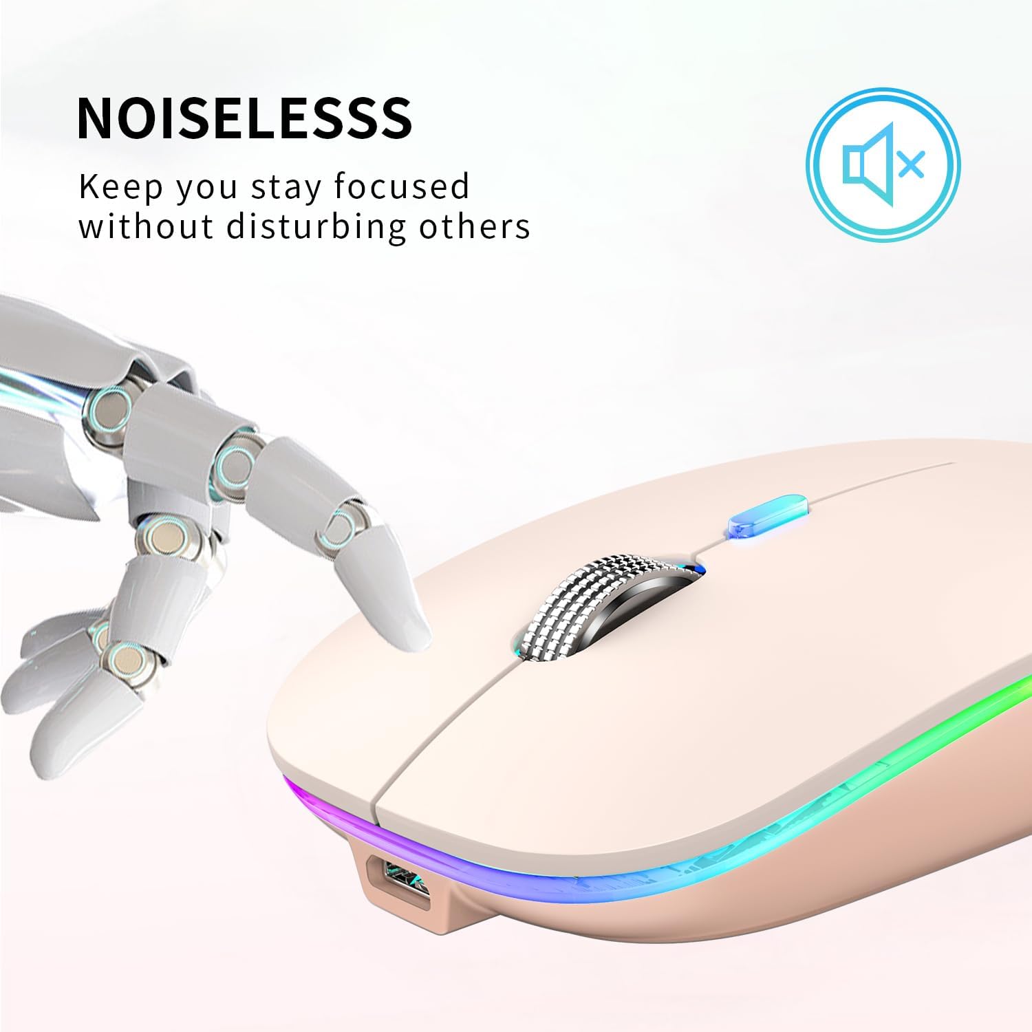 Beige computer mouse with RGB lighting and a robot hand, emphasizing noiselessness.
