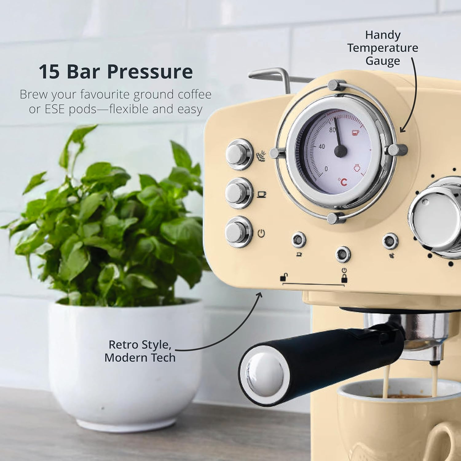 Beige espresso machine with temperature gauge and brewing features, potted plant in the background.