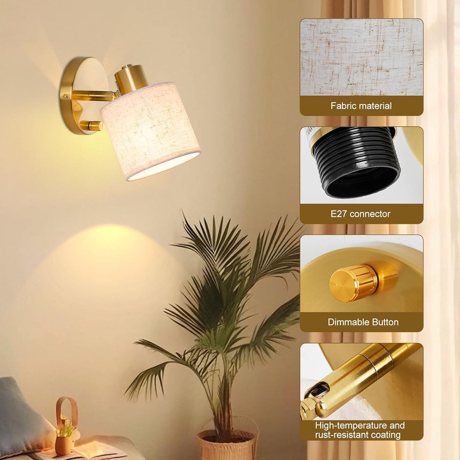 Backlit Linen Wall Light with Switch – Dimmable Gold Wall Sconce with Beige Linen ...