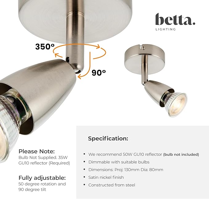 Betta Lighting ceiling light fixture with adjustable features and specifications.