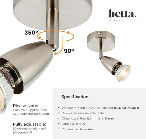 Betta Lighting ceiling light fixture with adjustable features and specifications.