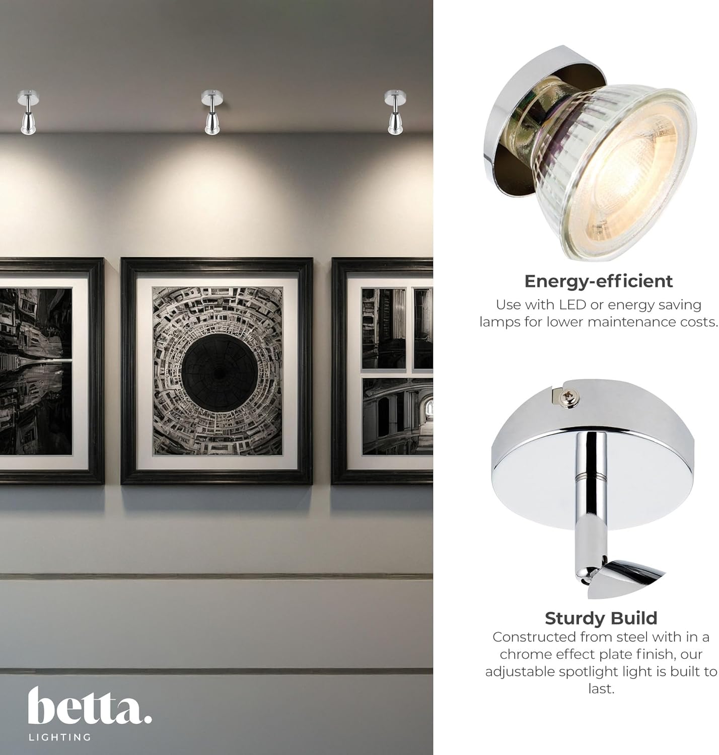 Betta lighting fixture with energy-efficient text and product details on a wall with framed pictures.