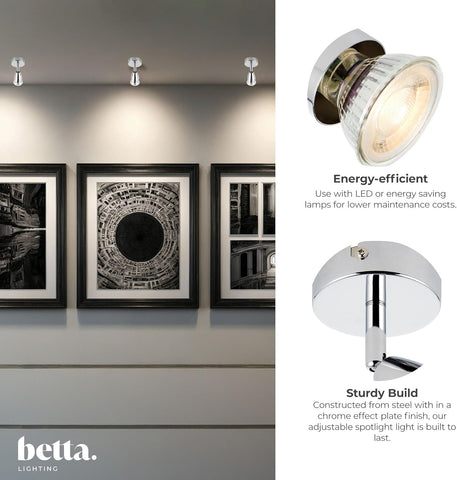 Betta lighting fixture with energy-efficient text and product details on a wall with framed pictures.