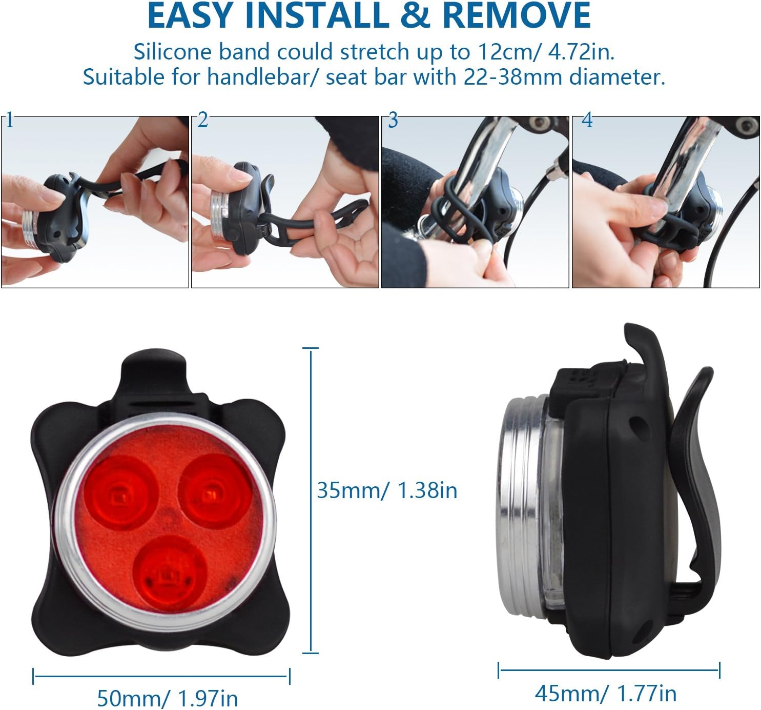 Bicycle light with installation instructions and measurements on a white background