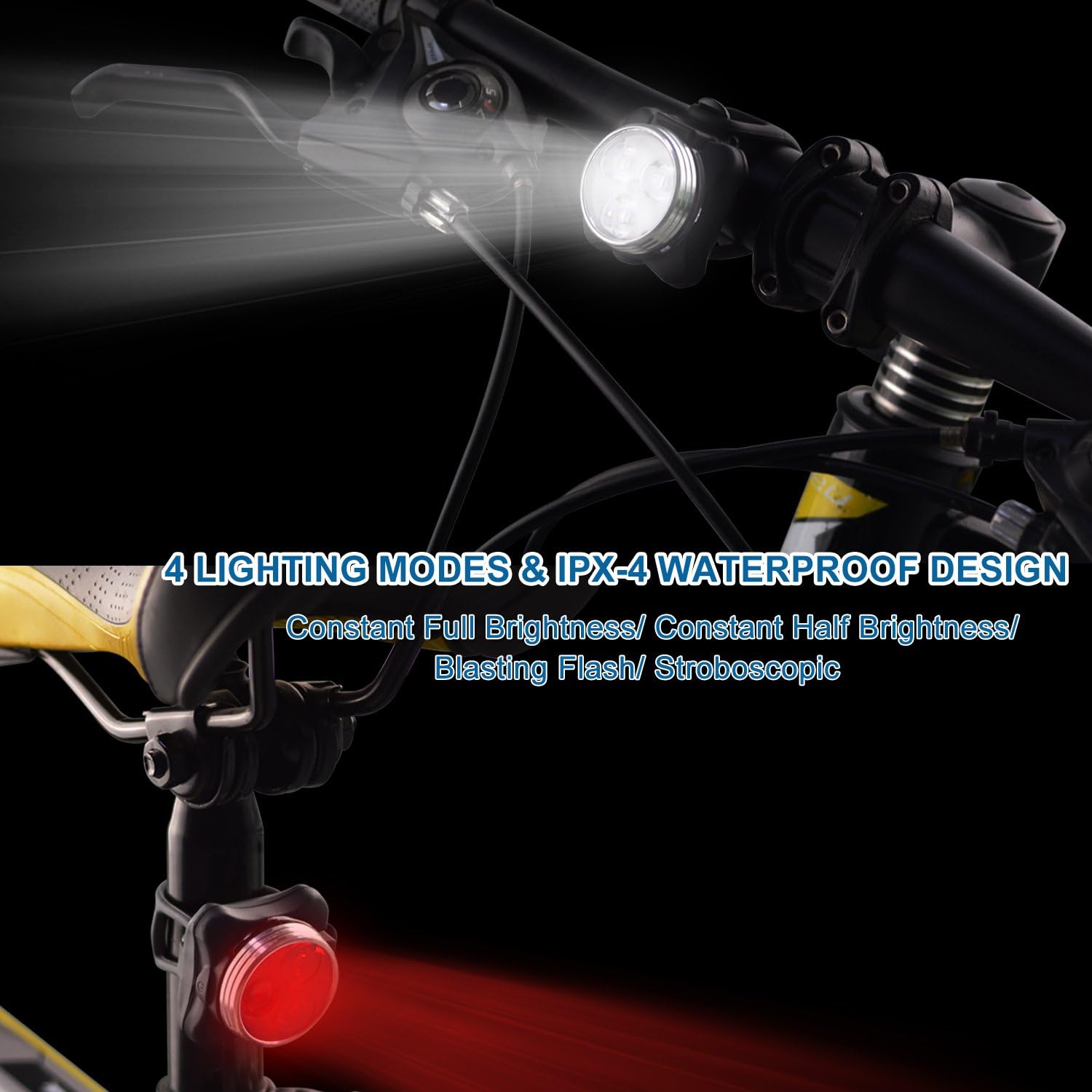 Bicycle lights with different modes on a dark background