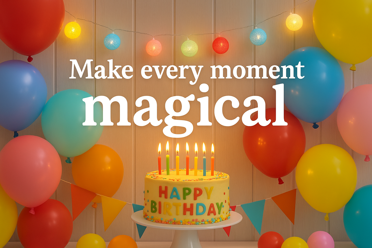 Birthday cake with lit candles surrounded by colorful balloons and decorations, with text 'Make every moment magical'.