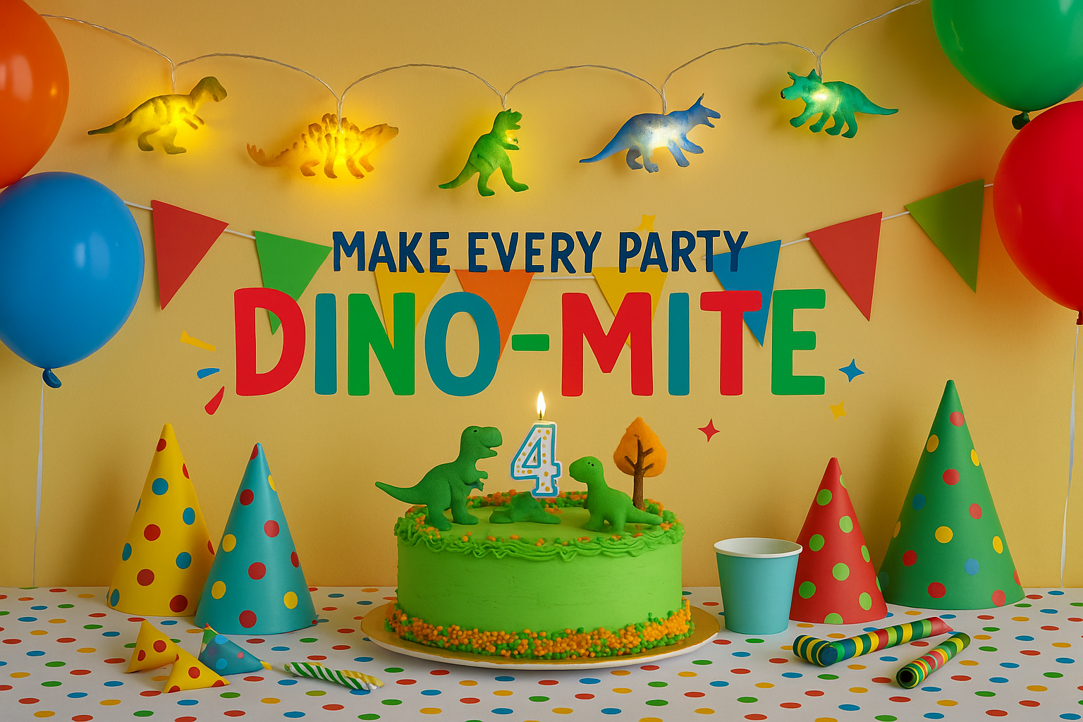 Birthday party setup with dinosaur-themed decorations, cake, and balloons.