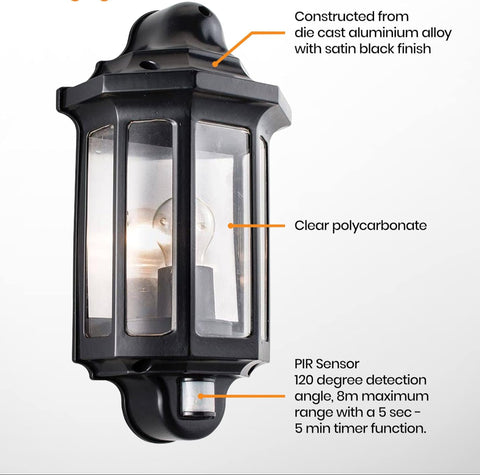 PIR outdoor light on brick wall near entrance.

