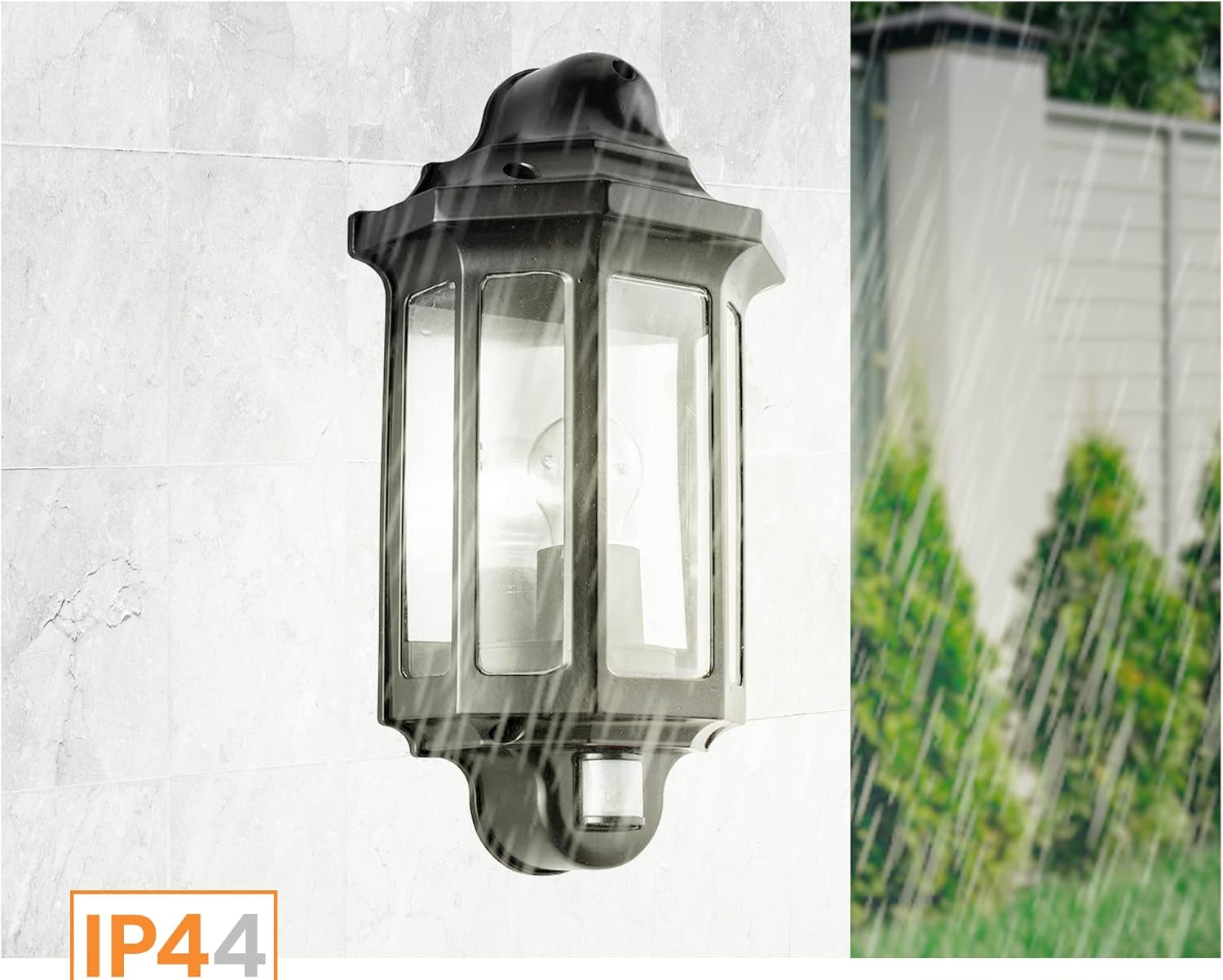 Classic black lantern with integrated motion detector.

