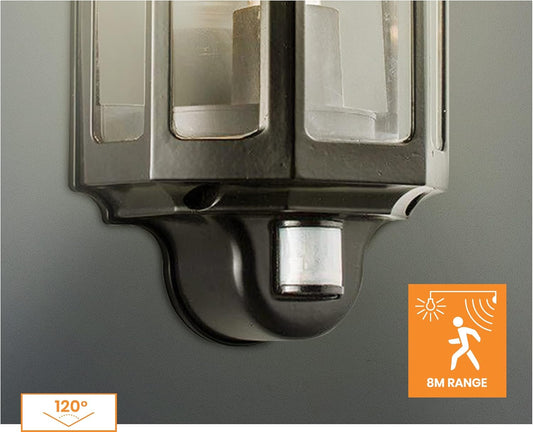 IP44 motion sensor lantern illuminating exterior walkway.

