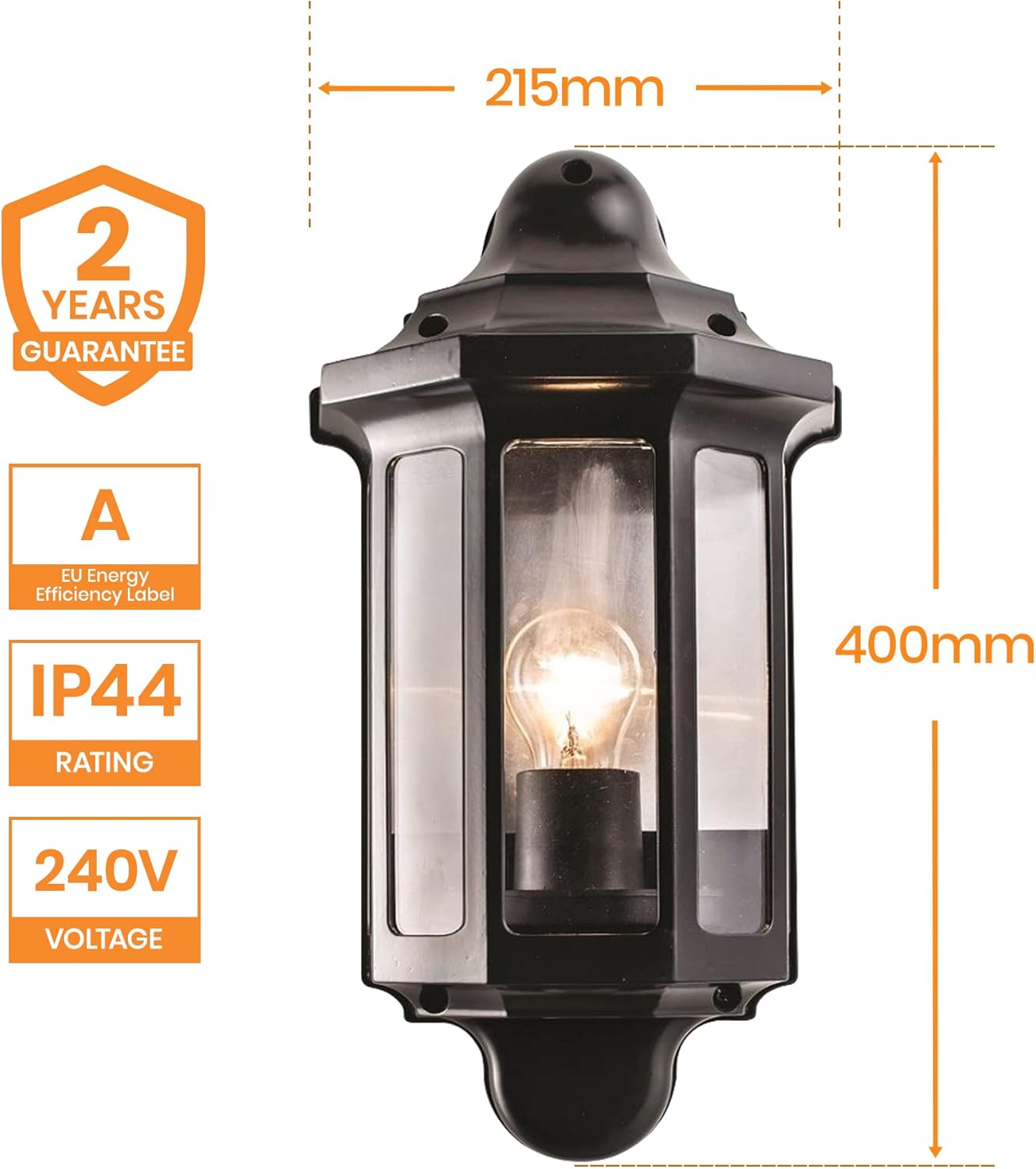 Lantern-style wall light glowing warmly at night.

