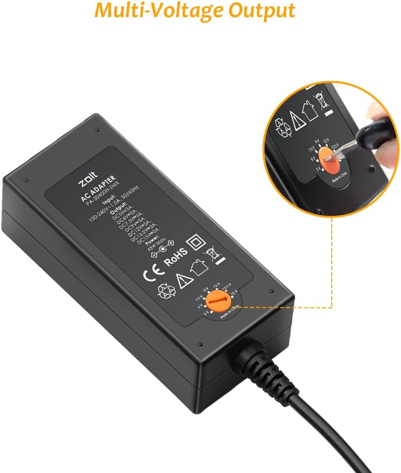 Black AC adapter with multiple voltage settings on a white background