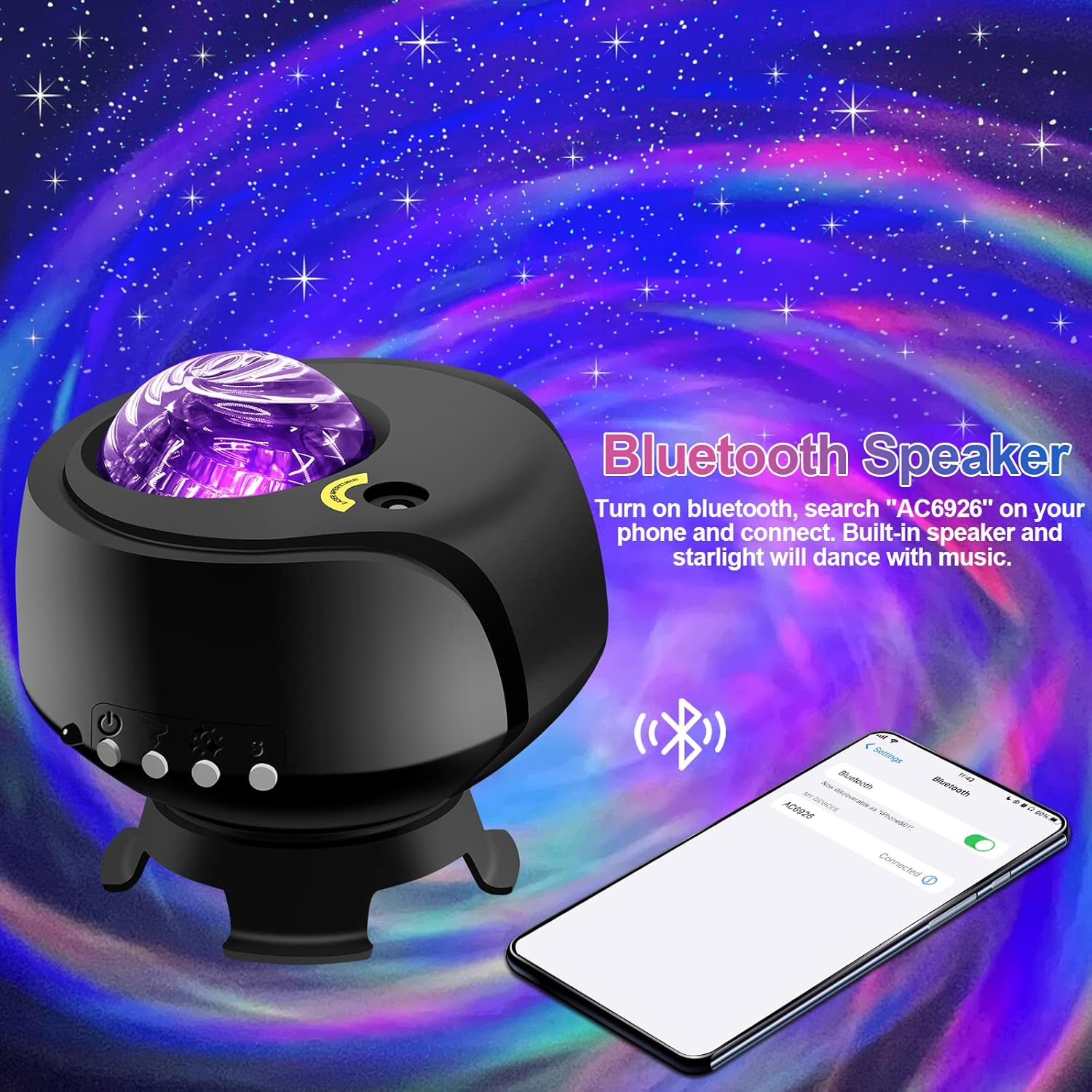 Black Bluetooth speaker with starlight effect on a colorful space-themed background