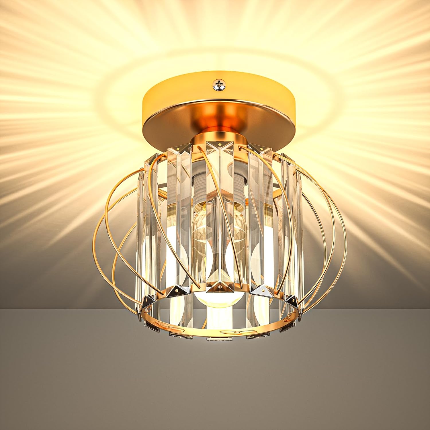 Black crystal ceiling light with industrial metal frame and elegant crystal accents