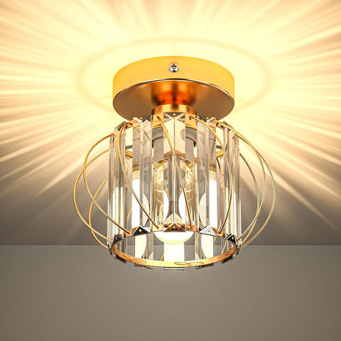 Black crystal ceiling light with industrial metal frame and elegant crystal accents